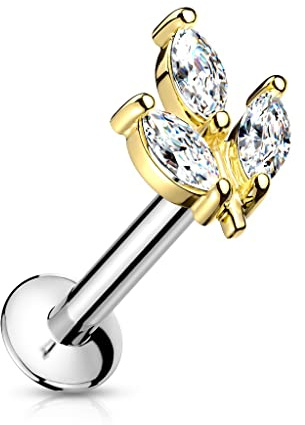 Paula & Fritz® Push-In Labret Piercing Blatt Zirkonia Klar Chirurgenstahl 316L Set Mehrfarbig 6-mm 8-mm Stab-Länge Madonna Medusa Ohr-Stecker Labret Stud