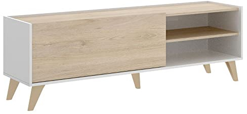 Mobelcenter, Mueble de TV Ness, Módulo TV Moderno con 1 Puerta 2 Huecos, Acabado Color Natural y Blanco, Medidas: Ancho: 155 cm x Fondo: 43 cm x Alto: 47 cm (1336)
