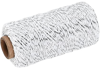 sourcing map Cordel Embalaje Cuerda Envoltura Algodón Cordel 100M/109 Yardas Plateado Tono y Blanco Cuerda para Regalo Envoltura, Navidad Cordel