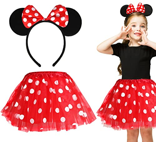 Capaneus Costume Orecchie Mouse Ragazza,Gonna a Pois Bambina Tutù con Cerchietto per Bambini Halloween Carnevale Festa di Compleanno Cosplay-2 pezzi(Rosso)