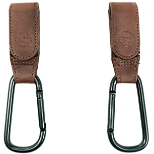 my junior® My Hooks Kinderwagen Haken | veganes Leder | belastbar bis 10kg | 2er Pack | universelle Passform mit Klettverschluss - Brown
