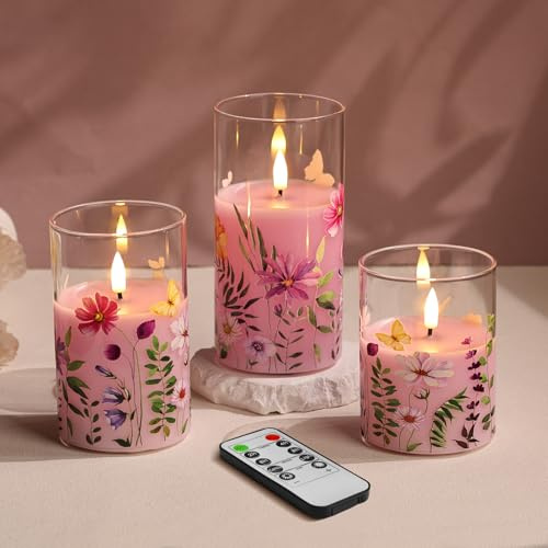 Eywamage Pink Floral Glass Flameless Pillar Candles with Remote Set of 3