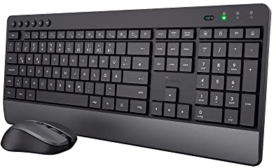 Trust Tastatur Maus Set Kabellos, Deutsches QWERTZ-Layout, Nachhaltiges Design, Kabellose Tastatur mit Funkmaus, Leise und Ergonomische Combo, 48 Monaten Batterielaufzeit, 2.4 GHz, PC, Laptop, Schwarz