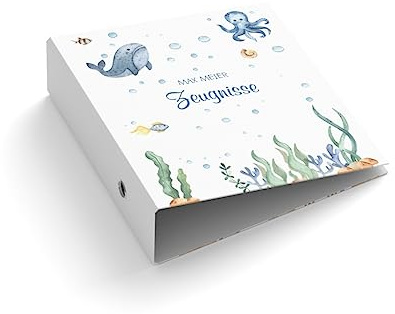 Ringordner | Ordner für Kinder | personalisiert mit Wunschtext | Unterwassserwelt | Mit Griffloch | für DIN A4 | 7,4 cm breit | Wal | Krake | Zeugnis | Kinderordner