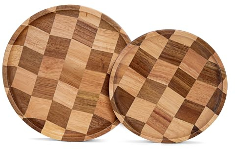 Wood Serving Trays - Set of 2 Round Serving Platters, Wooden Decorative Board Charcuterie Boards for Serving Breakfast Dinner Appetizers Coffee BBQ Party (1 x 9.4 in, 1 x 7.8 in)