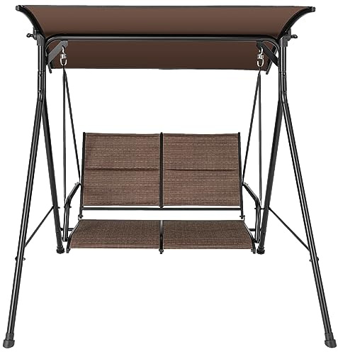 SFAREST 2-Person Swing Chair, Patio Cushioned Hanging Bench with Adjustable Canopy & Curved Armrests, Outdoor Metal Frame Swing Loveseat for Garden, Patio, Balcony
