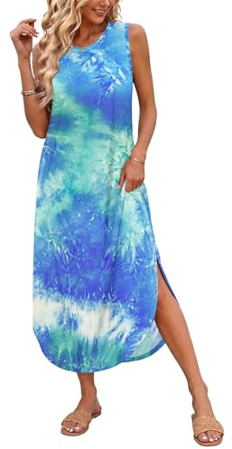 AUSELILY Maxi Dress for Women UK Casual Summer Long Dress Beach Cover-Ups Sun Dresses Women Sleeveless T Shirt Tank Dresses with Pockets