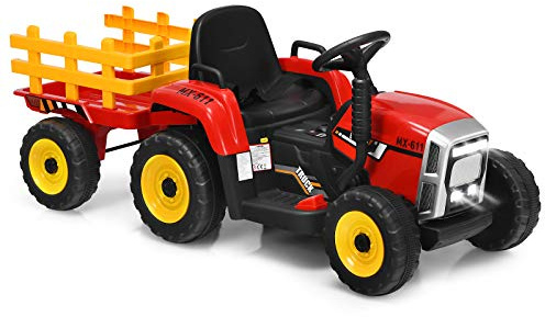 Goplus Elektrisk traktor med släp för barn, 3-växlat 12 V-elfordon med 2,4G fjärrkontroll, elfordon med LED-ljus, musik och Bluetooth, för pojkar & flickor från 3 år (röd)