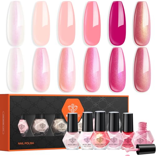 modelones Nagellack 6 PCS, Nagellack Schnelltrocknend Hot Pink Weiß Nude Pearl, LanganhaltenderNagellack für DIY Salon Geschenk für Frauen Mädchen