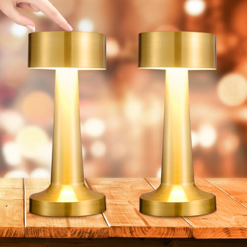 Dhqkqg 2 Stück Tischlampe Kabellos, LED Tischlampe, Tischleuchte Kabellos, LED Tischlampe Kabellos, Tischlampe Kabellos Dimmbar mit Berührungssensor, 3 Lichtmodus, für Schlafzimmer, Wohnzimmer(Golden)