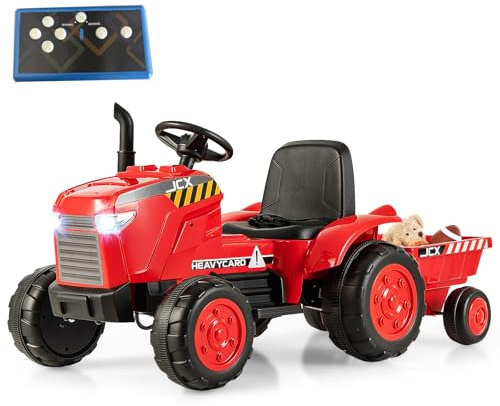 COSTWAY 2 in 1 Trattore Elettrico per Bambini con Rimorchio, 12V Auto Giocattolo Cavalcabile con Telecomando Luci e Clacson, Regalo per Bambini 3-8 Anni, 2,5-3,5 km/h (Rosso)