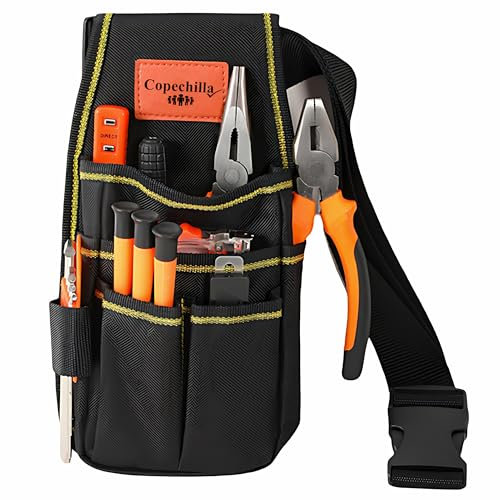 Copechilla Borsa utensili elettrica con cintura,Borsa utensili nera con più tasche,realizzata in materiale resistente all'usura,ispessito e impermeabile,cacciavite, pinze,chiavi,utensili manuali