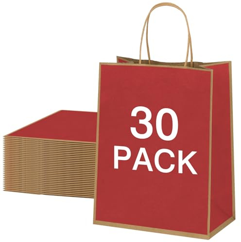 NAHRMY 30 Stück Papiertüten Geschenktüten Rot 27 x 11 x 21 cm, Kraft Papier Geschenktüte mit Henkel für Geburtstag Hochzeit Weihnachten Feier Handarbeit Bäckerei Einzelhandel Boutique