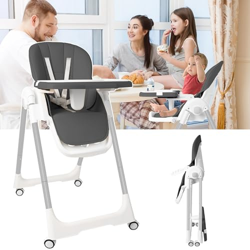 XMTECH Baby Klappbar Hochstuhl Grau Kinderhochstuhl Faltbar Babystuhl Höhenverstellbar Kinder Kombihochstuhl Liegefunktion mit 4 Rädern und Fußstütze (Grau)
