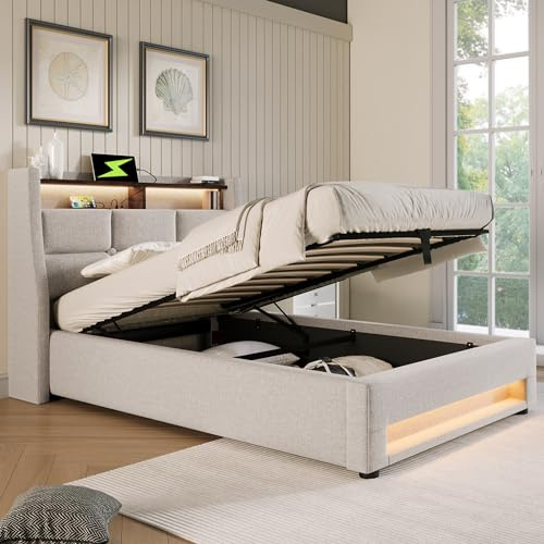 Merax Polsterbett 90x200cm, Einzelbett mit Bettkasten und Lattenrost, Stauraum Kopfteil mit LED und USB Ladefunktion, Hydraulisch Stauraumbett Funktionsbetten, Leinen, Jugendbett, ohne Matratze, Beige