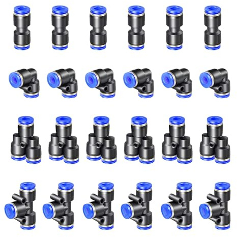 HUAZIZ 24 pcs Bleu Raccords Rapides pneumatiques, Raccords Rapides Pneumatiques Tuyau Pneumatique Connecteur 4 Formes, Droits Type/Coudés Type/Y Type/T Type/Combo Connecteur Pneumatique(12mm)