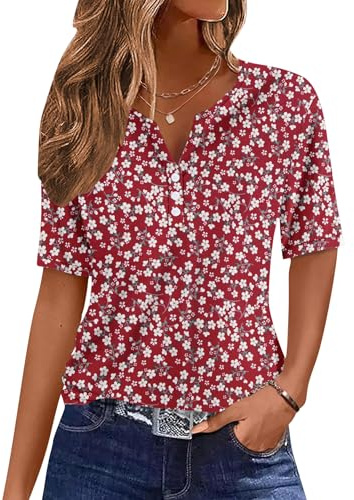 WNEEDU Camisa Mujer Verano Camisetas Manga Corta con Cuello V Henley Tshirt | Blusas Elegantes,Tshirt Cuello con Botones,Básico Top