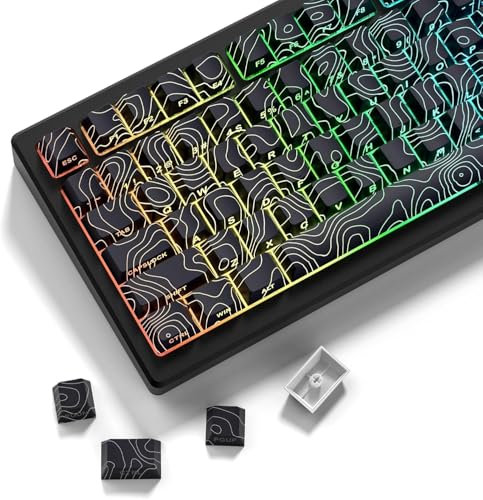 LQXQ PBT Keycaps, Schwarze topografische Tastenkappen 60 75 Prozent Lines Backlit, Shine Through Tastenkappen, Seitlich Bedruckte Cherry Profile Tastenkappen für100%, 75%, 65%, 60% ANSI US Tastatur