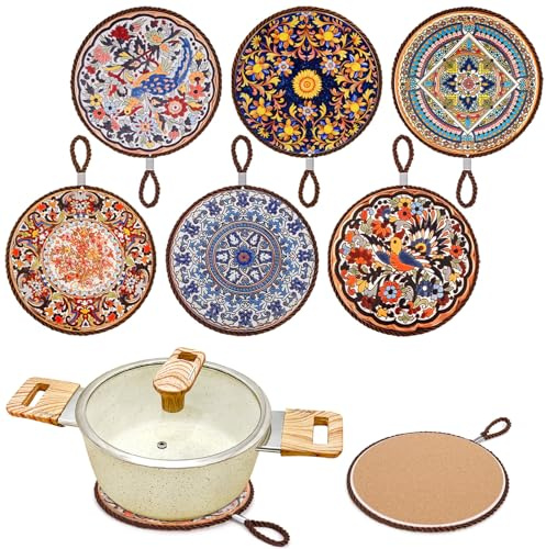 ELFULLY 6 Pack Ceramic Trivets, 6.7 Hot Pads for Pots and Pans, Portable Hanging Hot Dish Mat, Heat Resistant Coaster, Non-Slip Hot Plate Mats for Kitchen Countertop, Table, Home Decor