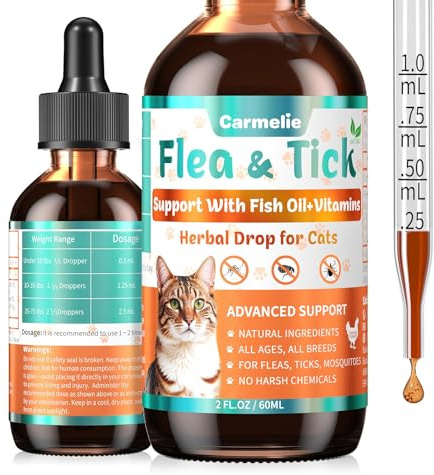 Flea and Tick Prevention for Cat, Flea Drops with Vitamins Fish Oil 2 fl oz | Natural Herbal Flea Liquid Drops, Supports Skin Coat & Energy, Flea and Tick Supplement for All Breeds Ages, Chicken Flavor
