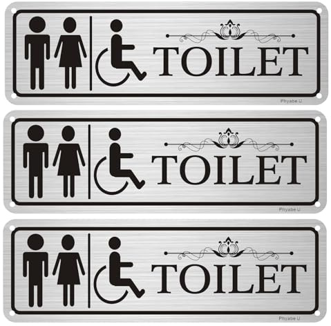 Phyabe 3 Pack Gents Ladies Accessible Toilet Sign, 25 x 8 cm, Aluminum | Self-Adhesive Toilet Rust Free Aluminum Sign, Weather Resistant, Waterproof, Durable Ink, Pre-Drilled Holes, Easy to Install