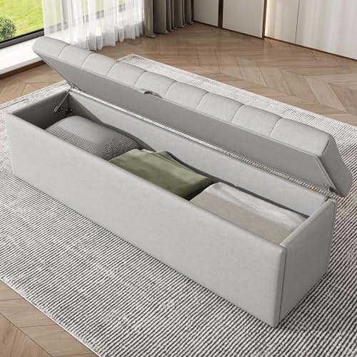SUKY Banco tapizado de lino, 141 x 41,5 x 47 cm, banco con espacio de almacenamiento, banco acolchado, taburete de cama, gris claro