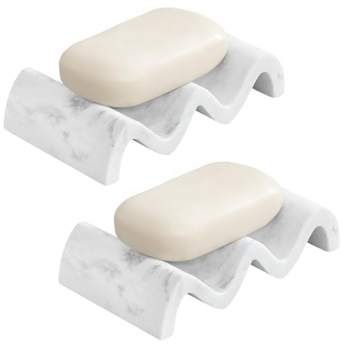 Luxspire Seifenschale Wellenform, Seifenhalter Schnell Trockend Seifenbox Seifenablage für Badezimmer Dusche Küche, Badezimmer Seifenhalter Harz, Seifenhalterung Schwammhalter, Kies Weiß, 2 Packungen