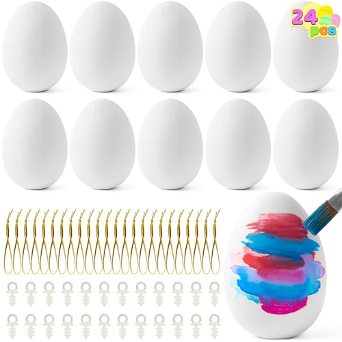 JOYIN 24 pcs 6cm Weiß Ostereier zum Aufhängen, Plastik-Ostereier für Party-Dekorationen zum Osterthema, Osterbaumschmuck, Festbedarf
