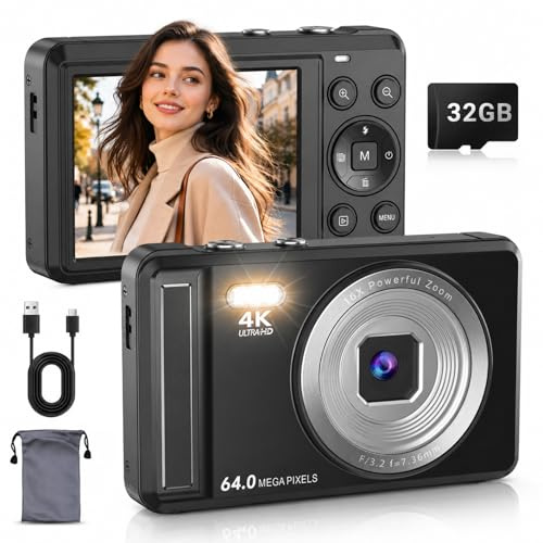 4K Digitalkamera für Fotografie, 64MP Vlogging Kamera für YouTube, Anti Shake Autofokus 16X Zoom, Point and Shoot Kameras für Teenager Anfänger,32GB Karte