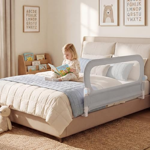 FANTASK Bettgitter klappbar, 120 x 60 cm, Kinderschutzgitter mit U-förmigem Gestell & Gurt, Bettschutzgitter mit abnehmbarem Oxford-Bezug, Rausfallschutz für Kinderbett Elternbett Boxspringbett (Grau)