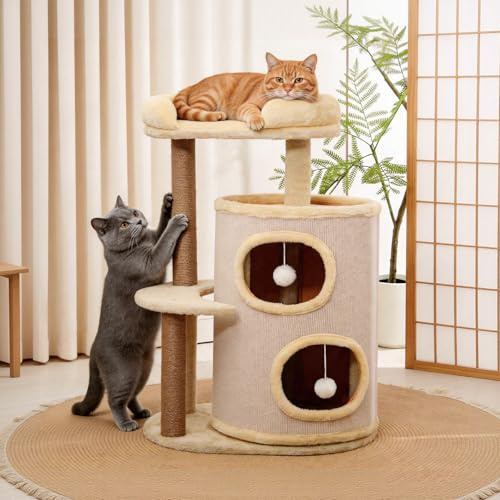 Kratztonne für Katzen 4-stöckig | Kratzbaum mit Sisalstangen und Plüschbällen | Kletterspaß für kleine Katzen, 85×55 cm, stabil und Kratzfest, Beige