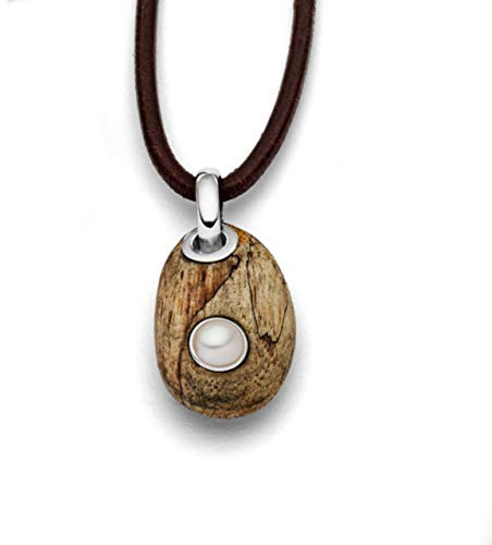 DUR Anhänger Holzkiesel mit Perle für Damen mit 925 Sterling Silber in der Farbe Silber, Weiß, Braun, Höhe: 36 mm, P3130