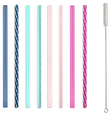 Ello Impact 8 Pack Reusable Plastic Straws, Dishwasher Safe, BPA-Free with Cleaning Brush,Rosewater
