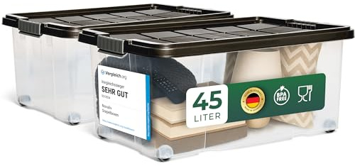 Novaliv 2x Euroboxen mit Deckel Rollen 45l 61x40x27 transparent Grau Anthrazit Aufbewahrungsboxen Groß light Stapelboxen Kisten Boxen Kunststoffkiste Lagerbox Spielzeugbox