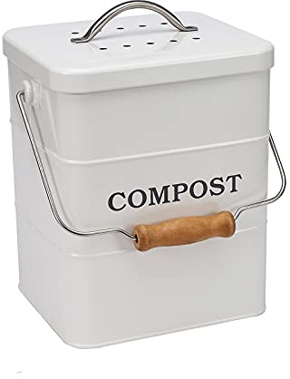 Compost Bin Kitchen Countertop Indoor Compost Pail Bucket, Great for Food Scraps, Carbon Steel, Handles, White, 1 Gallon - Includes Charcoal Filter