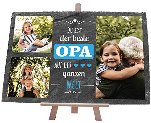 wandmotiv24 Schiefertafel Bester Opa mit Holz-Staffelei, Personalisiert mit 3 Farb-Fotos, Digitaldruck, Spruch in Blau, Querformat 30x20cm, Natur Schieferplatte, Foto-Geschenk, Dekoration