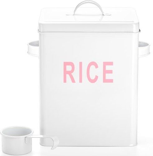 YOUEON 10 Lbs Metal Rice Storage Container, Square Rice Canister with Lid and Measuring Scoop, Countertop Sealed Food Storage Container for Cereal, Beans, Pet Food, White