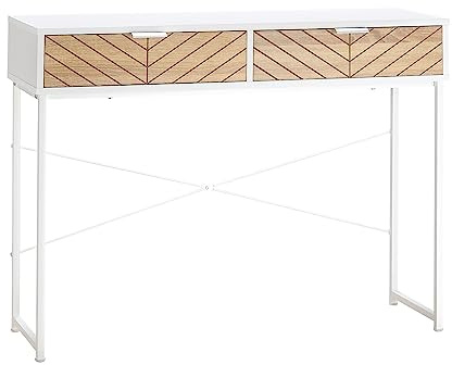HOMCOM Table Console Industriel 2 Tiroirs Chêne Piètement Métal Blanc