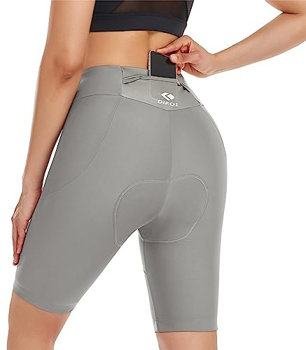 DIFOS Radlerhose Damen Gepolstert High-Waist Fahrradhose Kurz mit 4D Sitzpolster Radhose Schnell Trocknende Gesäßtasche Grau XL