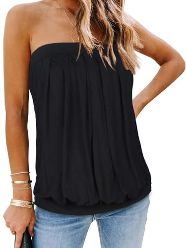 CHICGAL Women's Off The Shoulder Tops Summer Casual Bandeau Tank Casual Strapless Tube Blouse Shirts (Black,L)