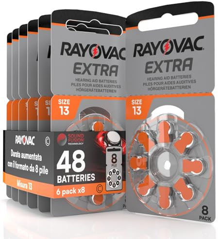 48 Hearing Aid Batteries Size 13 Rayovac (Orange) PR48 Zinc-Air with Sound Fusion Technology - 6 Blisters of 8 Batteries