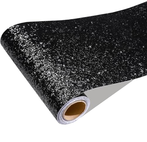 CRE8TIVE Black Chunky Glitter Wallpaper Contact Paper Self Adhesive Thick Wallpaper for Bedroom Sparkle Glitter Wall Paper Vinyl Wrap for Furniture Cupboard Packing Paper Fabric 20cm x 200cm
