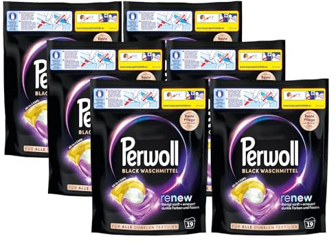 PERWOLL Caps Black Waschmittel 114 (6 x 19 Wäschen), All-in-1 Waschmittel Caps reinigen sanft und erneuern Farben & Fasern, für alle dunklen Textilien, mit Dreifach-Renew-Technologie