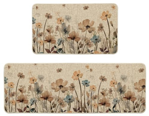 Artoid Mode Brown Poppy Floral Leaves Spring Kitchen Mats Set of 2, Spring Home Decor Low-Profile Kitchen Rugs for Floor - 17x29 and 17x47 Inch