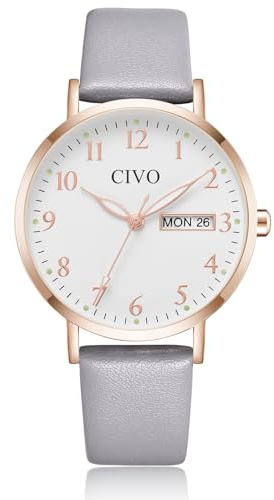 CIVO Easy Read Watches for Women: Clear Face with Numbers Luminous Hands Date Day - Analog Ladies Watch with Grey Leather Strap for Casual Daily Wear Gift