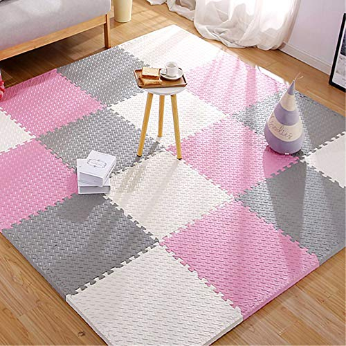 Puzzlematten für den Boden, ineinandergreifende Schaumstoff-Spielmatten mit Kanten – perfekt für Bodenschutz, Garage, Training, Yoga, Spielzimmer, weiß + grau + rosa, 18