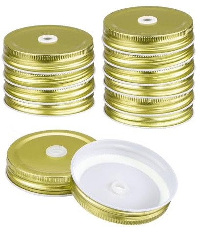 sourcing map 12Pcs Mason Jar Lids with Straw Hole, 70mm Tinplate Canning Lids Fits Regular Mouth Mason Jar, Drinking Lids Set Reusable for DIY, Drinking, Daily Food Storage, Gold