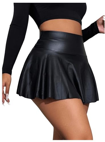 GORGLITTER Damen Skort Elastischer Bund Minirock PU Leder Clubröcke Kurze Röcke mit Rüschensaum Schwarz L