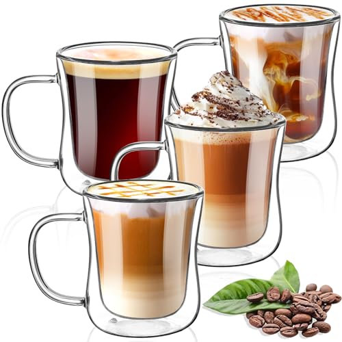 TKNO Set of 4 Double Walled Coffee Glasses Mugs Cappuccino Latte Macchiato Glasses Cups with Handle, Borosilicate Heat Resistant Glass Cups for Coffee Tea Milk Juice Ice Cream, Hot & Cold Drinks 350ml
