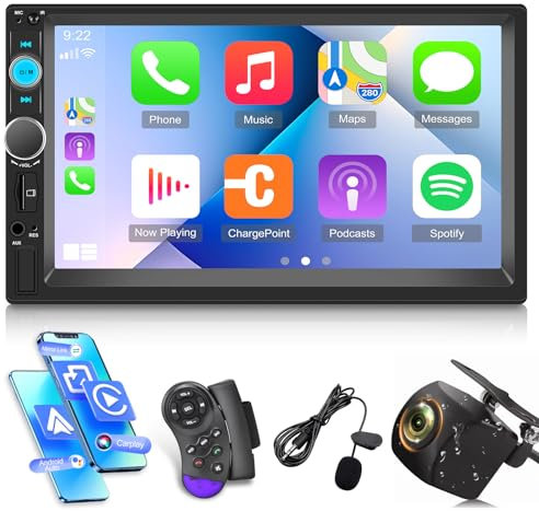 Autoradio 2 Din compatibile con Carplay e Android Auto, Autoradio Bluetooth da 7 pollici con Schermo Tattile che supporta USB/AUX/FM/Controllo del Volante/+AHD Backup Camera+Mic